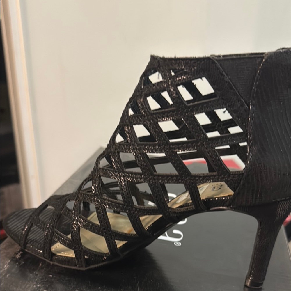 Black High Heel Open Toe Sandals with Intricate Cut-Out Design
